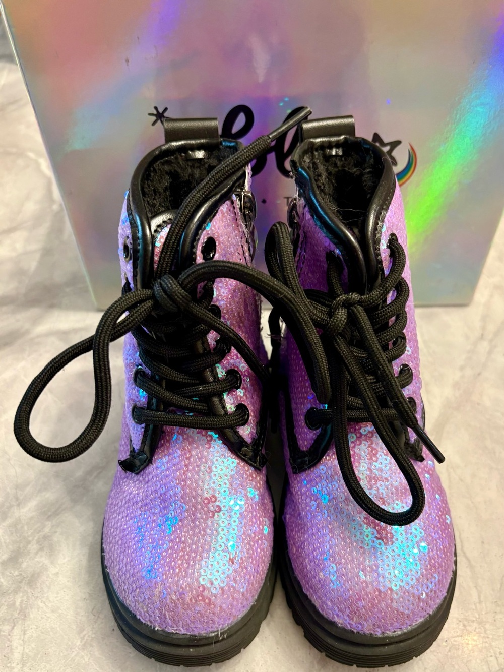 Lola + The Boys Iridescent Purple Sequin Lace-Up Boots